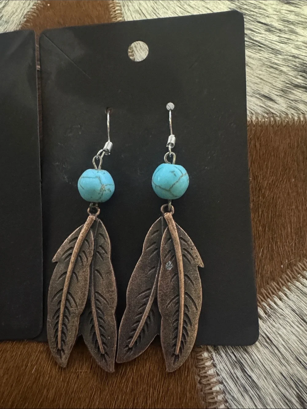 Handcrafted Turquoise & Copper Feather Drop Earrings - Women Jewelry